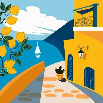 Hand-drawn vector illustration of a sunny summer day in Italy with lemon tr.. Stock Illustration