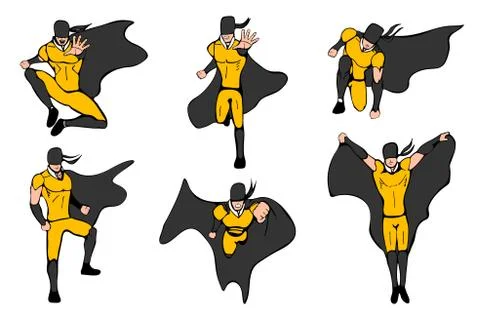 Hand drawn vector illustration. Superhero models in various poses. Stock Illustration