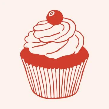 Hand drawn vector illustration of a sweet cupcake with swirl frosting and a Stock Illustration