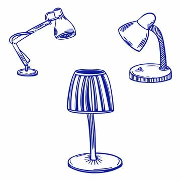 Hand drawn vector illustration of table lamps, doodle art set. Blue line Stock Illustration