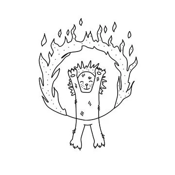 Hand drawn vector illustration of tiger jumping through fire ring. Cute illus Stock Illustration