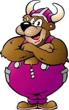 Hand-drawn vector illustration of an viking bear in purple overalls Stock Illustration