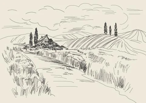 Hand drawn vector Illustration of wheat fields and village house. イラスト素材