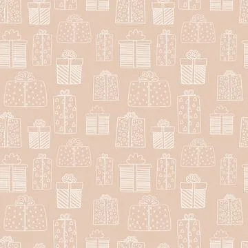 Hand-drawn vector illustration of white silhouettes of gifts on a beige backg Stock Illustration