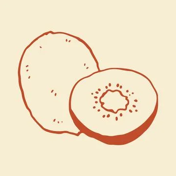 Hand drawn vector illustration of a whole kiwi and a sliced half showing seeds Stock Illustration