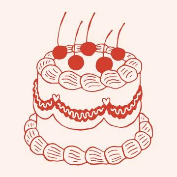 Hand drawn vector illustration of a whole tiered cake decorated with cream Stock Illustration