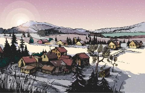 Hand Drawn Vector Illustration, with a Winter Landscape, the Trees and  Rural Stock Illustration