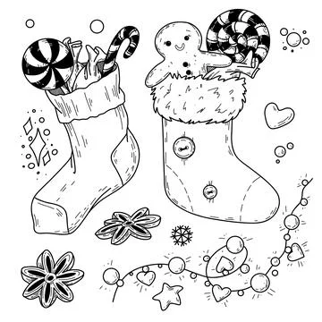 Hand drawn vector illustration with witch Befana flying on broomstick, stockings Illustrazione stock