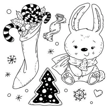 Hand drawn vector illustration with witch Befana flying on broomstick, stockings Stock Illustration
