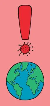 Hand drawn vector illustration of Wuhan corona virus, covid-19. World globe a Stock Illustration