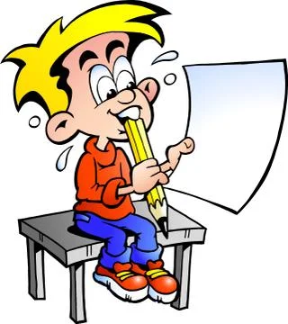 Hand-drawn vector illustration of a young school boy sitting at a desk with a Illustrazione stock