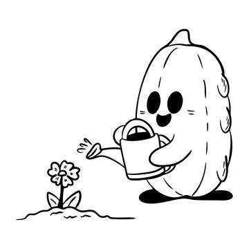 Hand-drawn vector illustration of a young cucumber with a watering can in his Illustrazione stock
