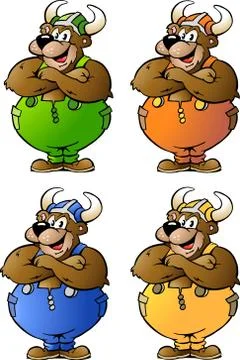 Hand-drawn vector illustrations of 4 viking bear in colored overalls Stock Illustration