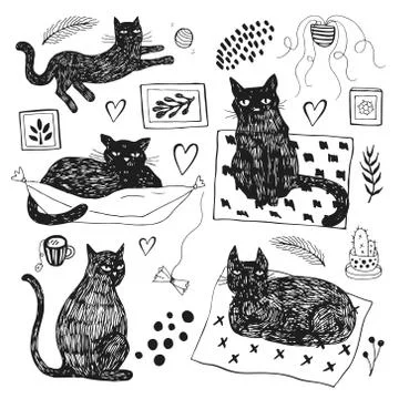 Hand drawn vector illustrations of cat characters set. Sketch style. Stock-Illustration