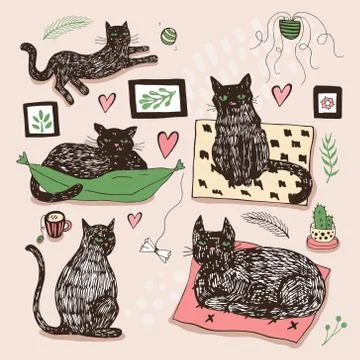 Hand drawn vector illustrations of cat characters set. Sketch style. Stock Illustration