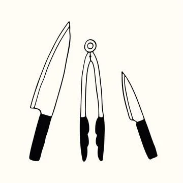 Hand drawn vector illustrations of a chef knife and kitchen tongs. This Stock Illustration
