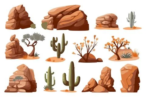 Hand-drawn vector illustrations of desert landscape elements, including cac.. 库存插图