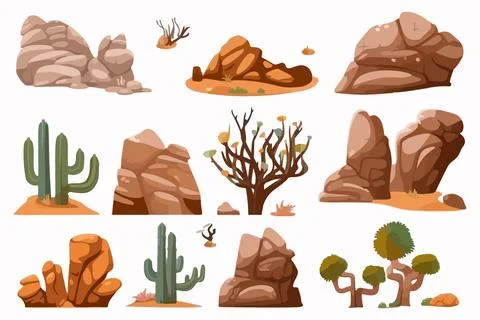 Hand-drawn vector illustrations of desert landscape elements, including cac.. Stock Illustration