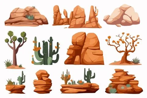 Hand-drawn vector illustrations of desert landscape elements, including cac.. Illustrazione stock