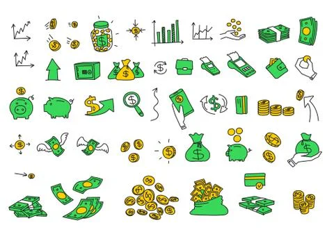 Hand drawn vector illustrations money coins bills elements. Finance payments Stock Illustration