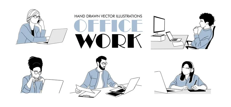 Hand drawn vector illustrations of office work. Stock Illustration
