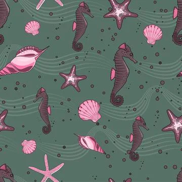Hand drawn vector illustrations - seamless pattern of seashells. Illustrazione stock