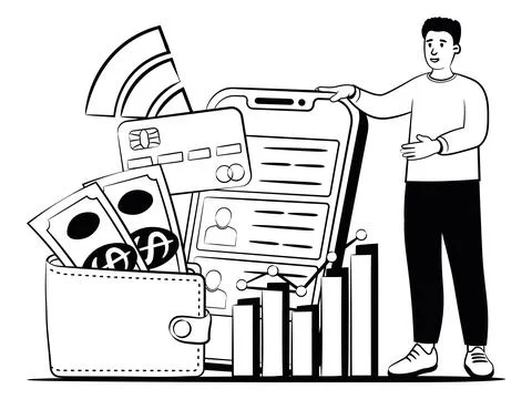 Hand drawn vector image of businessman who shows how to make money in a Illustrazione stock