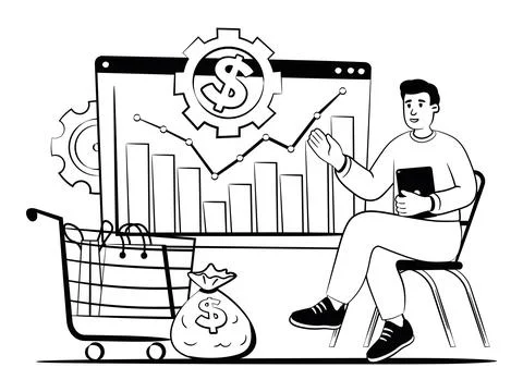 Hand drawn vector image of financier shows business profitability Stock Illustration