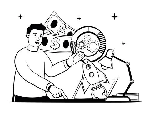 Hand drawn vector image of man who launches the new digital startup Illustrazione stock