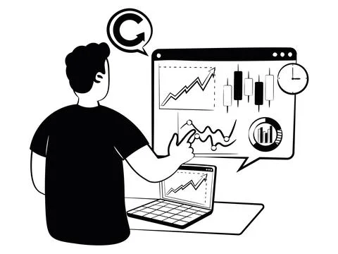 Hand drawn vector image of man who analyzes a business activity Stock Illustration
