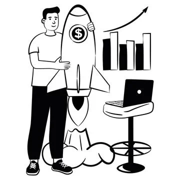 Hand drawn vector image of man with business rocket launch Stock Illustration