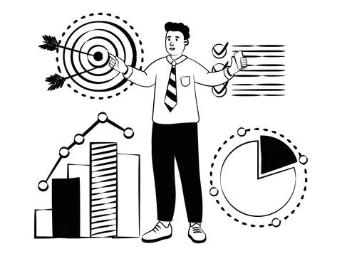 Hand drawn vector image of man shows how digital technologies affect business Illustrazione stock