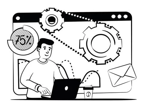 Hand drawn vector image of a man who testing new technologies in digital Stock Illustration