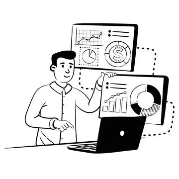 Hand drawn vector image of man analyzes the profitability of business by Stock Illustration