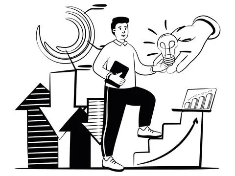 Hand drawn vector image of man with tablet in hand finds a new idea for business Illustrazione stock