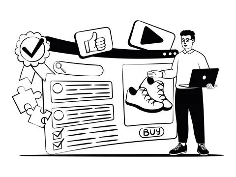 Hand drawn vector image of man who talk about online commerce and results Stock Illustration