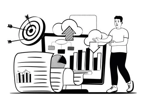 Hand drawn vector image of a man who analyzes the monthly report of the work Stock Illustration