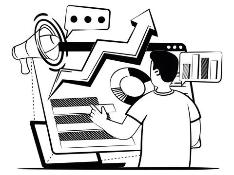 Hand drawn vector image of a man who focusing on graphics conducts market Stock Illustration