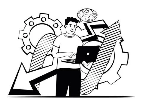 Hand drawn vector image of man who plans digital business for the future Stock Illustration