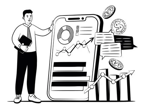 Hand drawn vector image of a man shows how you can do business in a smartphone Ilustración de archivo