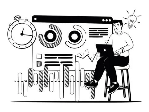 Hand drawn vector image of a man analyzes business and introduces new ideas Stock Illustration