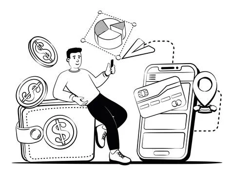 Hand drawn vector image of man earns money by trading digital business Stock Illustration