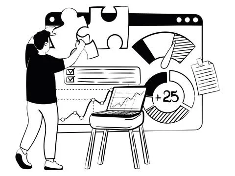 Hand drawn vector image of manager who man builds profit strategy Stock Illustration