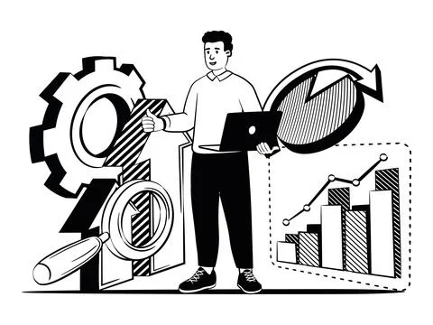 Hand drawn vector image of person studies statistics and business technology Stock Illustration