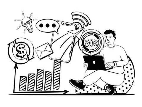 Hand drawn vector image of the person supervises his business from home Stock Illustration