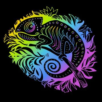 Hand Drawn Vector Iridescent Chameleon in doodle style Isolated on Black. Stock Illustration