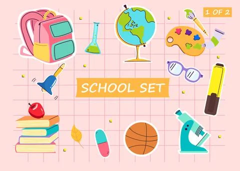 Hand-drawn vector labels with primary school subjects. Illustrazione stock