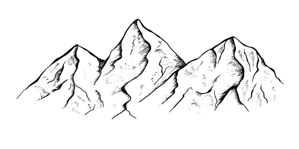 Hand drawn vector landscape with mountains, trees in the mountains. Perfect for Stock Illustration