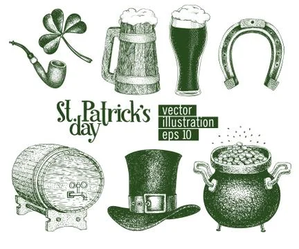 Hand drawn vector leprechaun hat, clover, beer mug, barrel, golden coin pot Stock Illustration