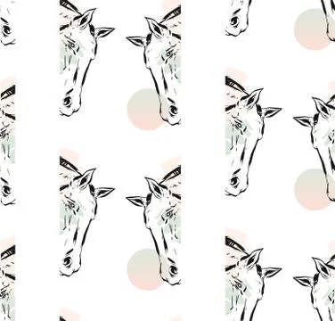Hand drawn vector lined abstract ink graphic horses head seamless pattern 스톡 일러스트